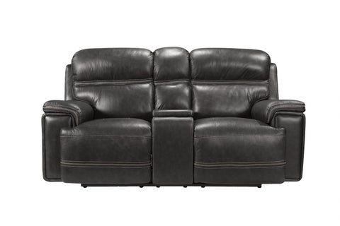 Fresno Grey Power Recline Leather Loveseat with Console Grey Contrast Stitch