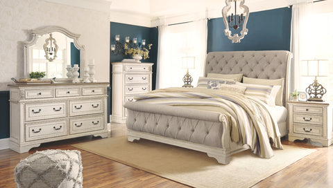Realyn Two-tone Queen Sleigh Bed w/ Dresser Mirror & Nightstand