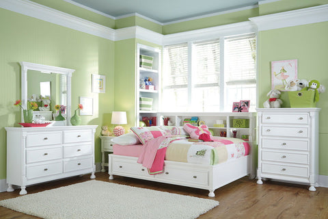 Kaslyn White Twin Storage Bed w/Bookcase HB Dresser Mirror & Nightstand
