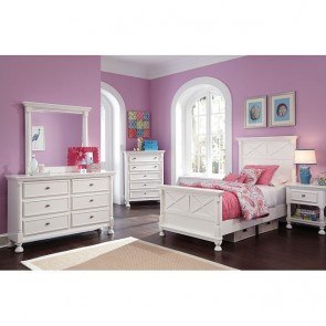 Kaslyn White Twin Storage Bed with Bookcase HB Dresser Mirror & Nightstand