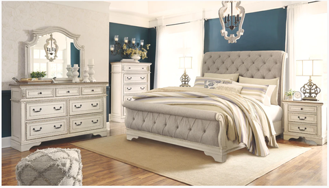 Realyn Twotone Queen Sleigh Bed with Dresser Mirror & Nightstand