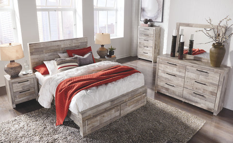 Effie Whitewash Queen Storage Bed with Dresser & Mirror