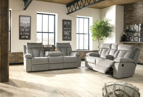 Mitchiner Fog REC Sofa with Drop Down Table & DBL REC Loveseat with Console