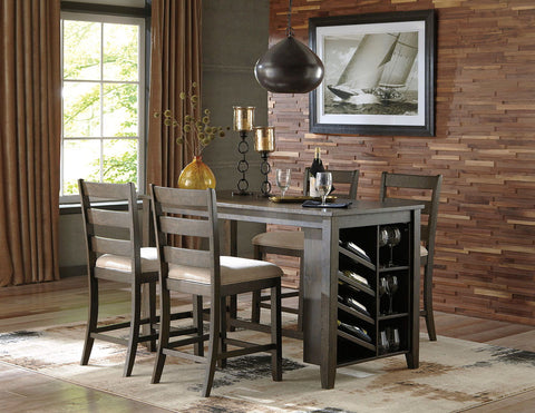 Rokane - 5 Piece Rectangular Counter Table with Storage & 4 Upholstered Barstools - Brown