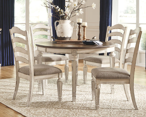 Realyn - Oval Dining Room Table & 4 Ladder Back Side Chairs - Chipped White