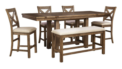 Moriville Rectangular Counter Dining Table &  4 Barstools & Double Upholstered Bench - Grayish Brown