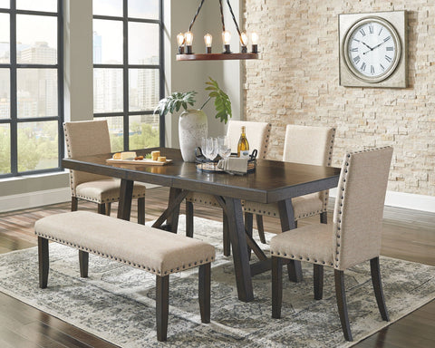 Rokane Dining Room Extension Table, 4 Chairs & Upholstered Bench - Brown