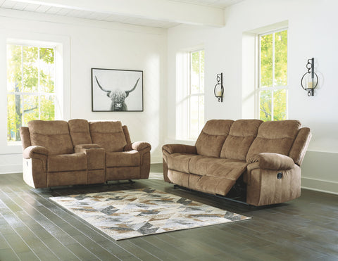 Huddle-Up Nutmeg REC Sofa with Drop Down Table & DBL REC Loveseat with Console