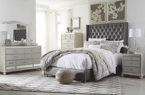 Coralayne Queen Tufted Bed with Dresser Mirror & Nightstand