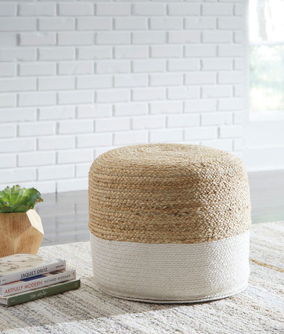 Sweed Valley- Natural/White Pouf - Ashley shop at  Regency Furniture